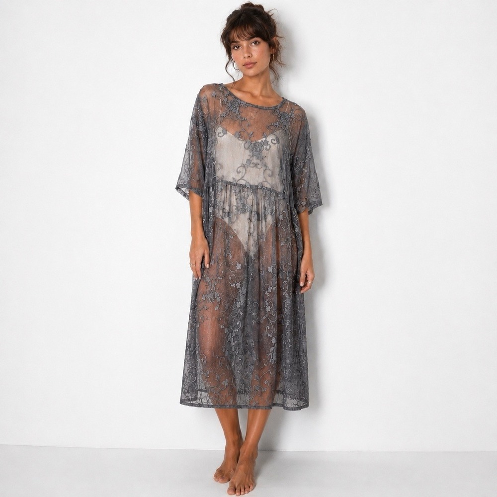Oversized‎ Sheer Gray Lace Dress Short Sleeved Embroidered Coastal Grandma Fairy